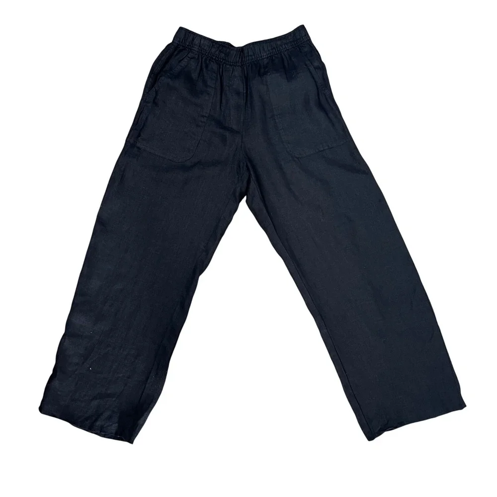 Zara Black Linen Blend Wide Leg Elastic Waist Pants Small Casual Coastal